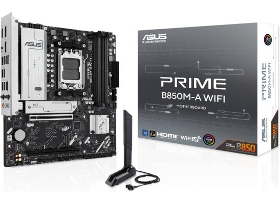 ASUS PRIME B850M-A WIFI mATX AMD Motherboard, AMD B850 Chipset, 4x DDR5 DIMM Slots, 256GB Max Memory, Supports 3 x M.2 Slots & 4 x SATA 6Gb/s Ports, Wi-Fi 6E & BT 5.3