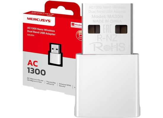 Mercusys MA30N USB WiFi Adapter, AC1300Mbps, Network Card, Nano Card, Dual Band, USB 2.0, WPA3, Plug & Play, Windows 11/10