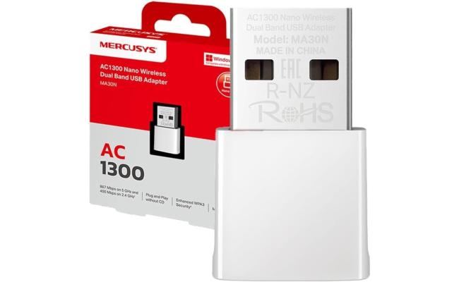 Mercusys MA30N USB WiFi Adapter, AC1300Mbps, Network Card, Nano Card, Dual Band, USB 2.0, WPA3, Plug & Play, Windows 11/10