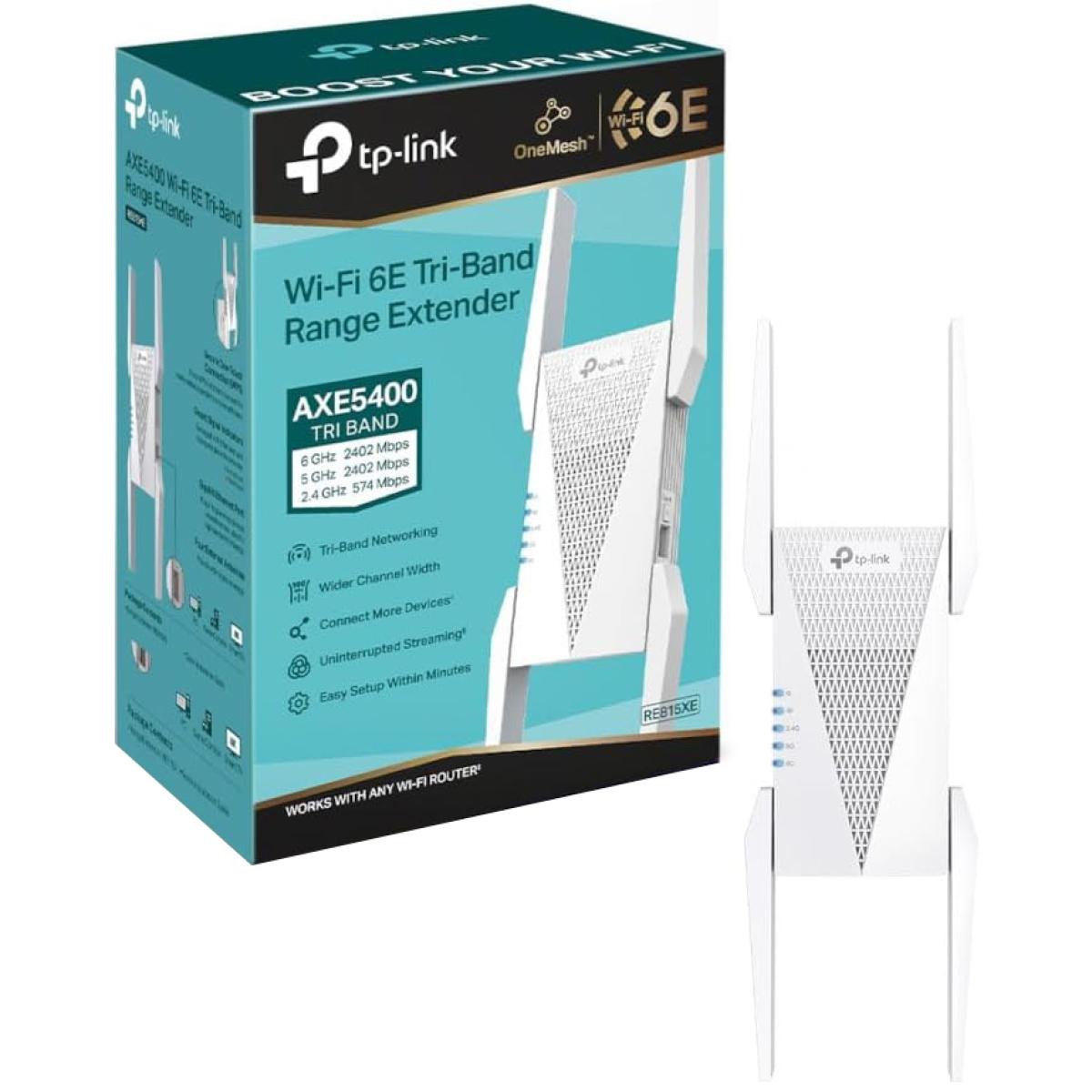 TP-Link RE815XE AXE5400Mbps Tri-Band Mesh WiFi 6E Internet Booster, Range Extender Booster Hotspot with 1 Gigabit Port, 160 MHz Channels, Built-In Access Point Mode, Smart Roaming One-Mesh, Easy Setup
