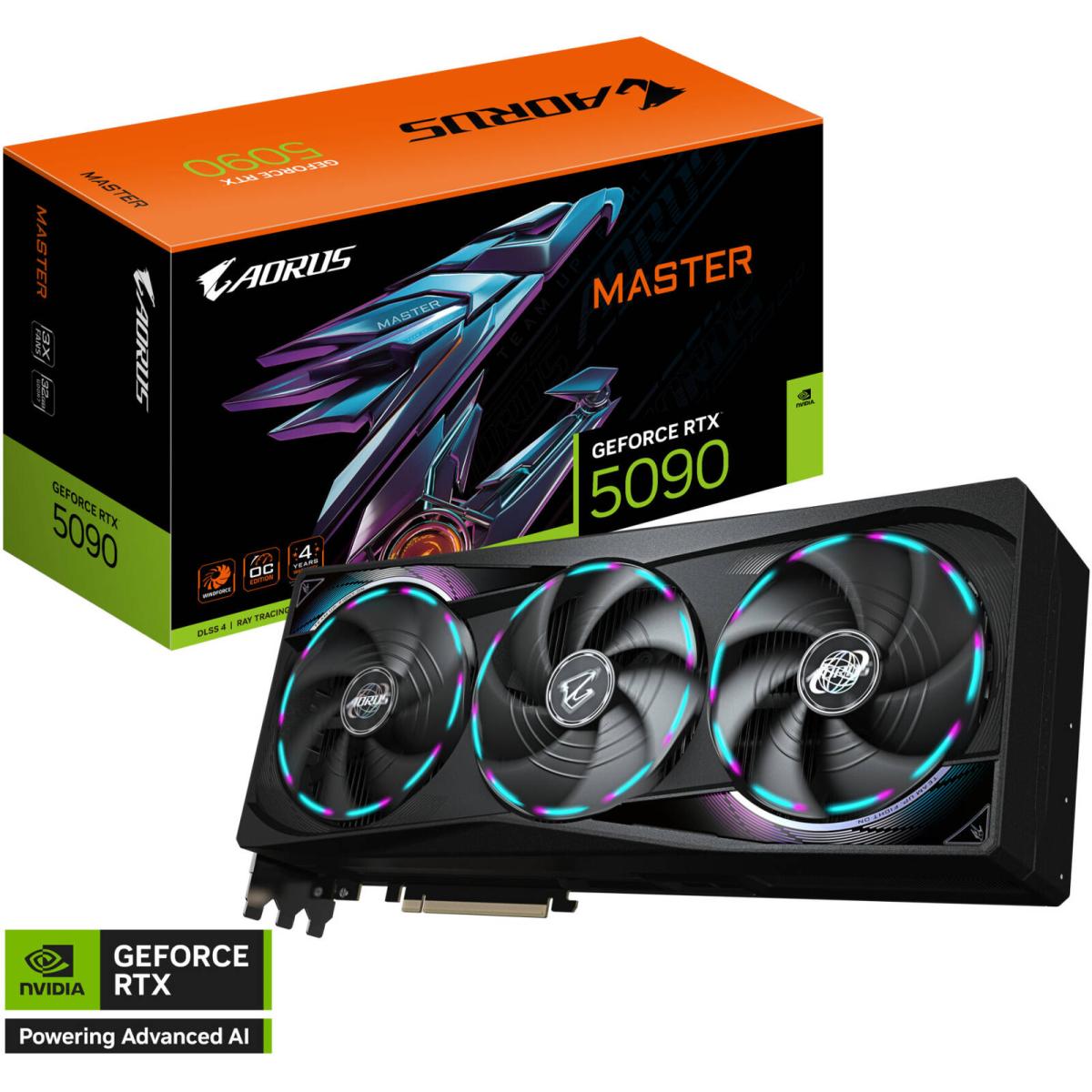 GIGABYTE AORUS GeForce RTX 5090 MASTER Graphics Card, 32GB GDDR7 512-Bit Memory, 2655 MHz Core Clock, 21760 CUDA Cores, PCI Express 5.0