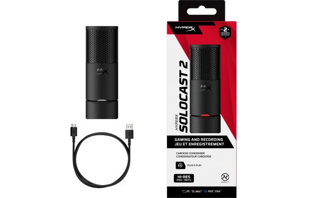 HyperX SoloCast 2 USB Gaming Microphone, Cardioid Pattern, 24-bit/96kHz, Plug-and-Play USB-C, Shock Mount & Pop Filter, Voice Enhance, Easy Setup, PC Compatible, Black | AR0A0AA