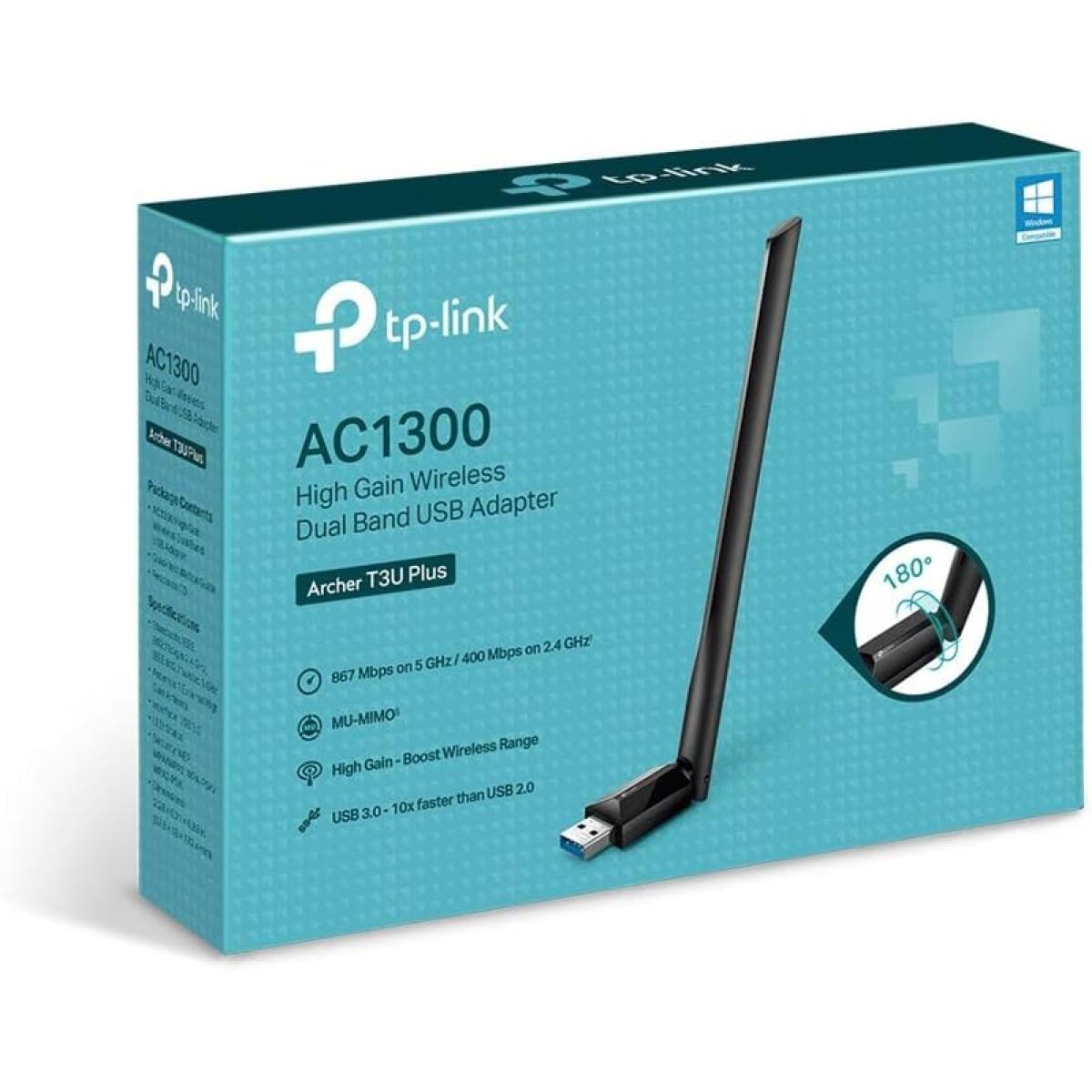 TP-Link Archer T3U Plus USB WiFi Adapter for Desktop PC, AC1300 USB 3.0 Wireless Dual Band Network Adapter with High Gain Antenna, MU-MIMO, Windows 11\/10\/8.1\/8\/7\/XP, Mac OS 10.9-10.15