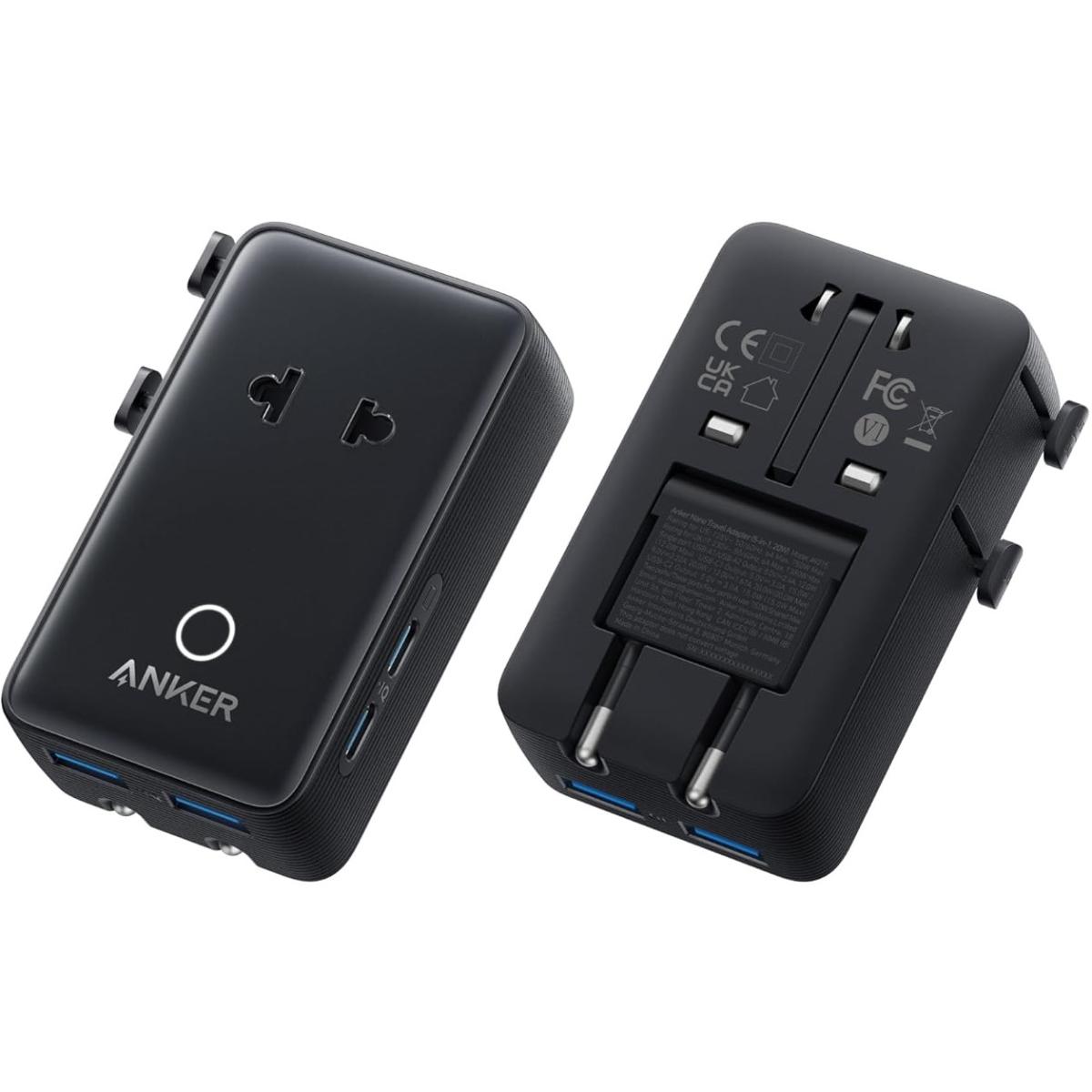 Anker Nano Travel Adapter, 5-Port Power Adapter with 1× 2-Pin AC, 2 USB A, 2 USB C for 20W, Smart Temperature Control, Works in 200+ Countries, not a Voltage Converter, Travel Essentials (1-Pack) - Black