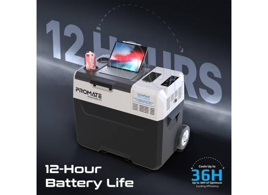 Promate PowerCooler-40 CoolFast 40 Liters Portable Outdoor Mini Refrigerator, 52000mAh Powerpack, 42G/R134A Fridge Refrigerant, 400lm LED Flashlight, 1.5m Power Adapter Cable, Gray/White