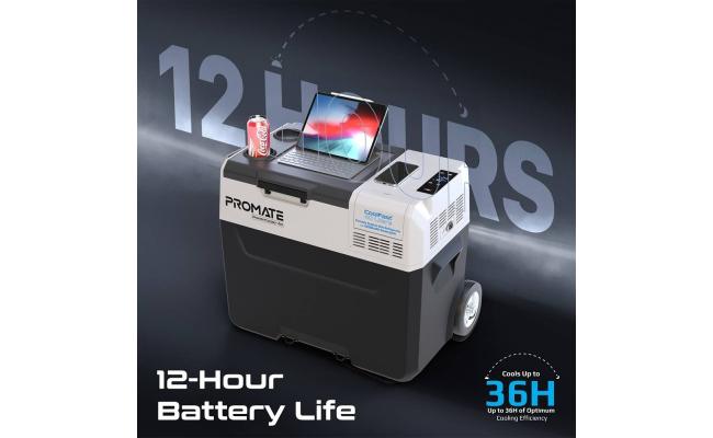 Promate PowerCooler-40 CoolFast 40 Liters Portable Outdoor Mini Refrigerator, 52000mAh Powerpack, 42G/R134A Fridge Refrigerant, 400lm LED Flashlight, 1.5m Power Adapter Cable, Gray/White