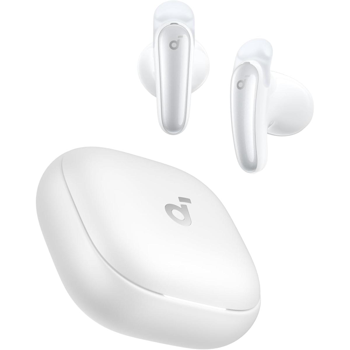 Anker Soundcore Liberty Buds, Semi-in-Ear Design, Removable Ear Fins, Real-Time Adaptive Noise Cancelling, Fast Charging, Wireless Bluetooth Earbuds, Translation Earbuds, 30H Playtime - White