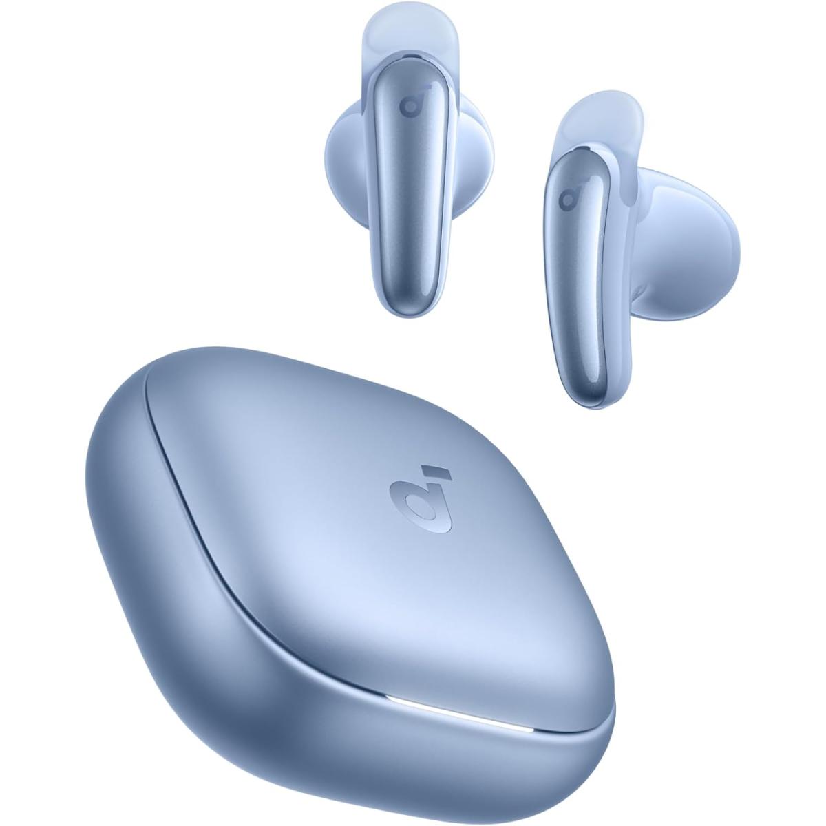 Anker Soundcore Liberty Buds, Semi-in-Ear Design, Removable Ear Fins, Real-Time Adaptive Noise Cancelling, Fast Charging, Wireless Bluetooth Earbuds, Translation Earbuds, 30H Playtime - Blue
