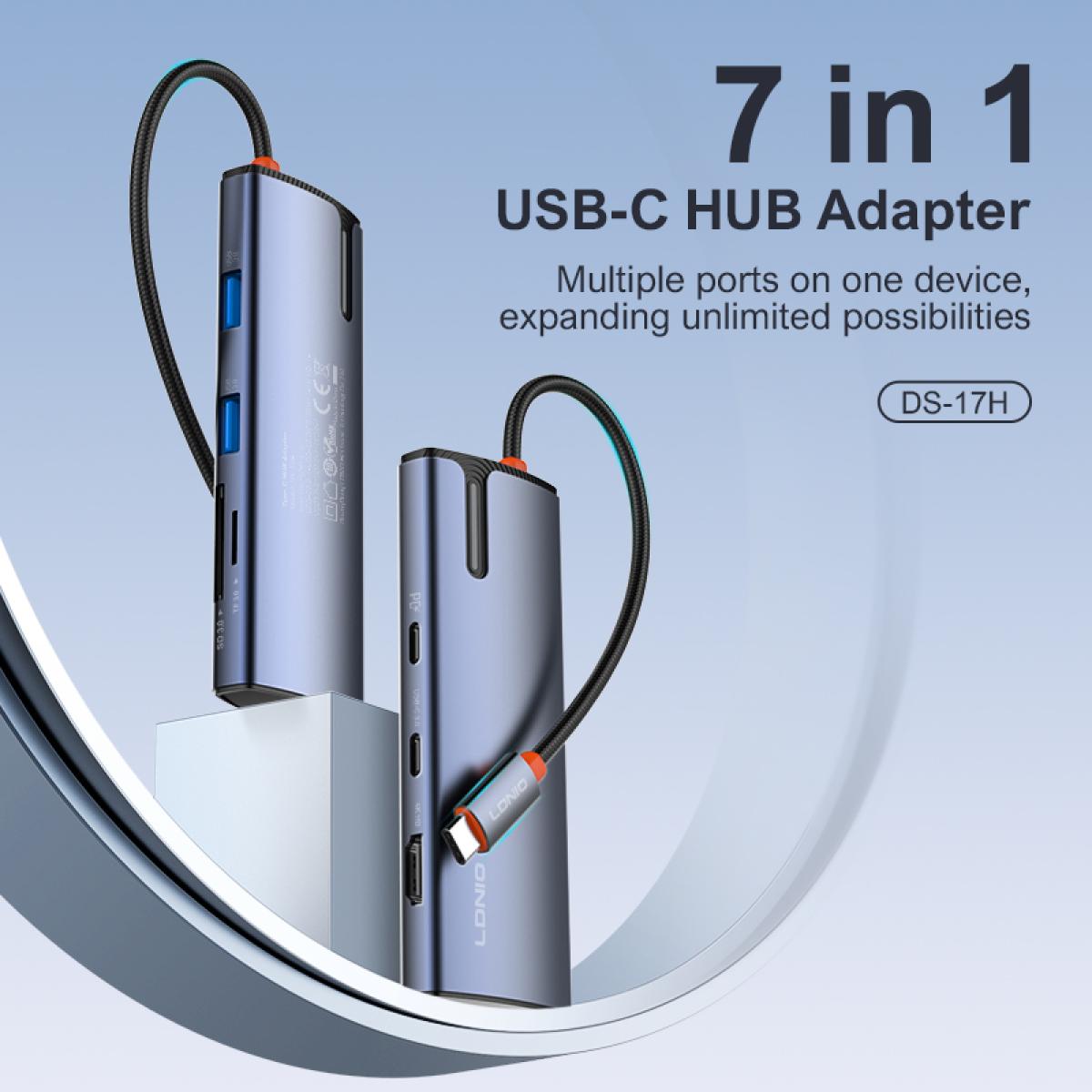 LDNIO DS-17H 7 in 1 USB 3.0 Type C to RJ45, USB HUB Adapter with 4K HDTV Ethernet TF & SD Card Reader - Gray