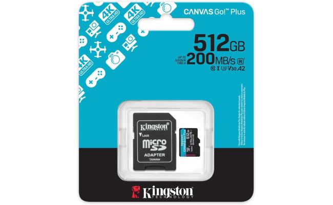 Kingston 512GB microSDXC Canvas Go Plus 200MB/s Read UHS-I C10 U3, V30 Memory Card