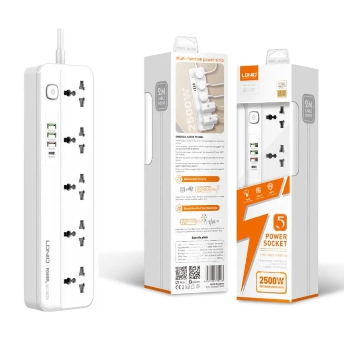 LDNIO SC5415 Popular Multi-Function Power Strip 5 Power Sockets +1PD 20W+1QC 18W+2 AUTO-ID Perfect Home/Office Charging Station - White