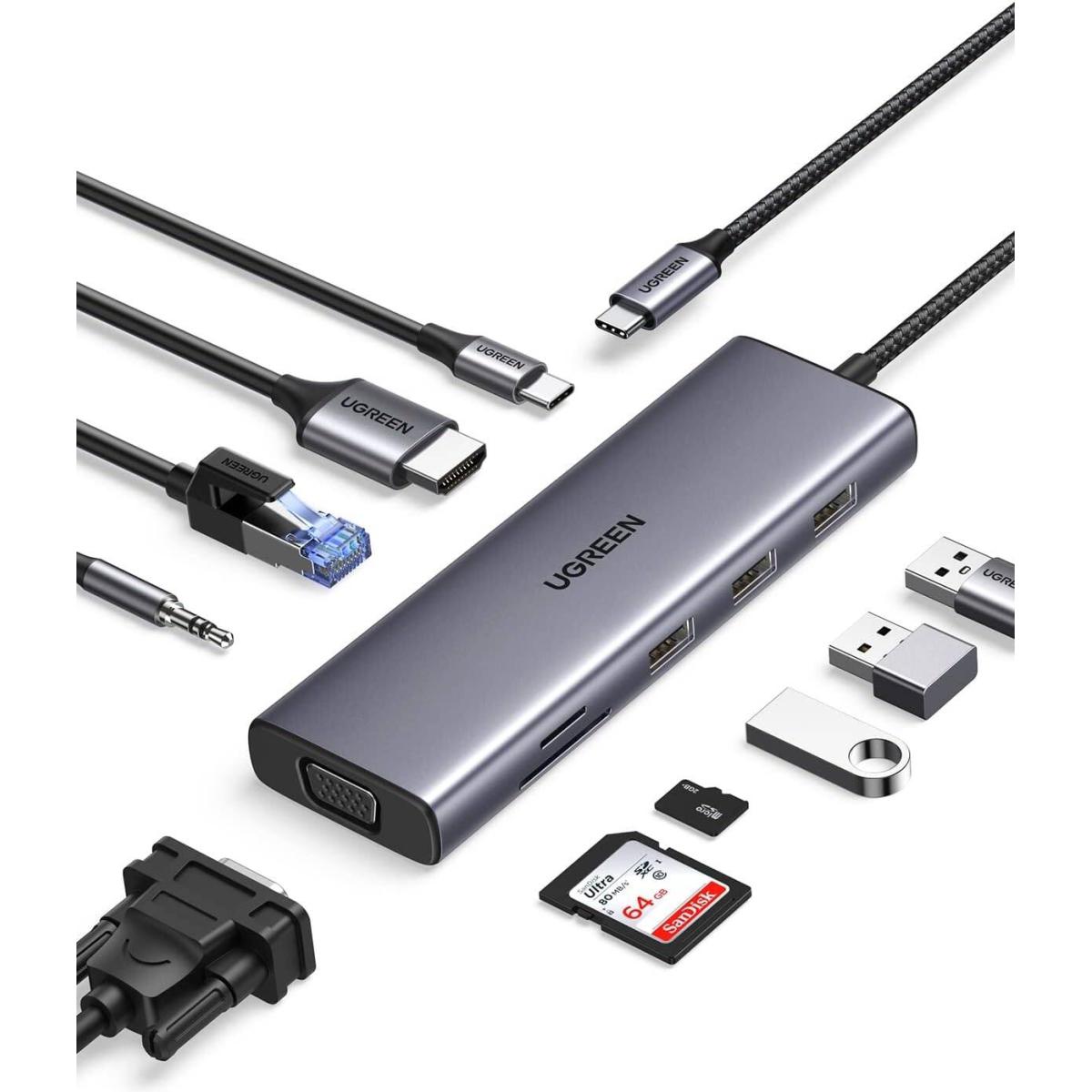 UGREEN 10 in 1 USB C Hub, Up to 4K @ 30Hz Display, 1Gbps Ethernet Speed, 100W Passthrough, 5Gbps Data Transfer Rate, 3.5mm Audio, RJ45 Ethernet, HDMI, USB-C, 3x USB-A, SD\/TF Card Slot, VGA