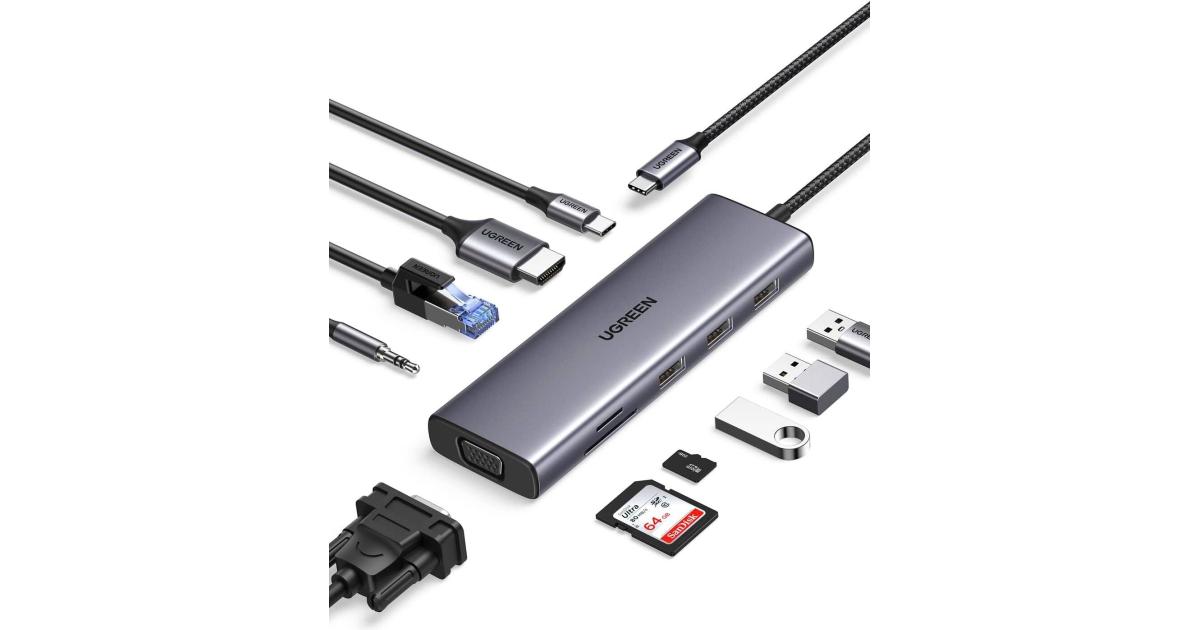 موزع يو جرين 10 في 1 USB C، شاشة تصل إلى 4K عند 30 هرتز، سرعة إيثرنت 1 جيجابت في الثانية، مرور 100 وات، معدل نقل البيانات 5 جيجابت في الثانية، صوت 3.5 ملم، RJ45 Ethernet، HDMI، USB-C، 3x USB-A، فتحة بطاقة SD/TF، ​​VGA