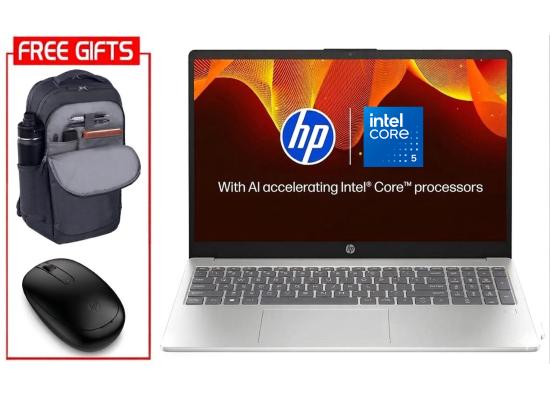HP Laptop 15-fd0380ne (2025) NEW Intel Core 5 120U 10-Cores w/ Backlit Keyboard & Bundle ((HP BackPack + HP Bleutooth Mouse)) - Natural silver