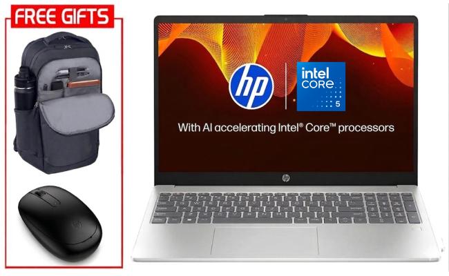 HP Laptop 15-fd0380ne (2025) NEW Intel Core 5 120U 10-Cores w/ Backlit Keyboard & Bundle ((HP BackPack + HP Bleutooth Mouse)) - Natural silver