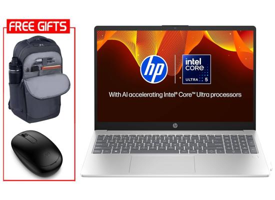 HP Laptop 15-fd1063ne (2025) NEW Intel Core Ultra 5 125H 14-Cores w/ High-Performance Processor & Backlit Keyboard & Bundle ((HP BackPack + HP Bleutooth Mouse)) - Natural silver