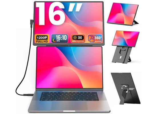 V2COM N2 16" IPS Full HD Portable Monitor Extender with Height-Adjustable Case Stand, 360° Rotation & Vertical Lift, USB-C/HDMI Plug & Play VESA Mount Support