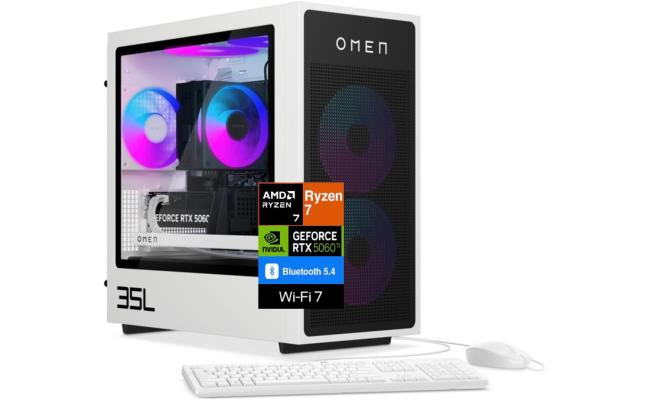 HP OMEN 35L GT16-0344 AI Gaming Desktop PC AMD Ryzen 7 8700F 8-Cores w/ Nvidia RTX 5060 TI 16GB DDR7 & Windows 11 Home - White
