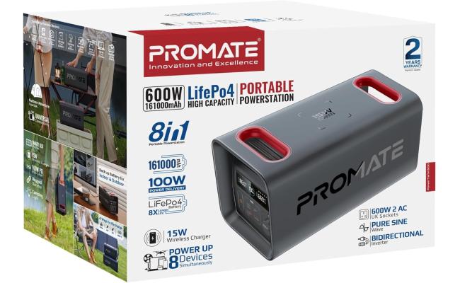 Promate PowerTank-600 600W LiFePO4 Power Station, 161000mAh, PD 100W & 30W USB-C, Dual 600W AC, QC 18W USB-A, 15W Wireless, DC Car Port, Solar Input, 1.8Hr Fast Recharge, Black