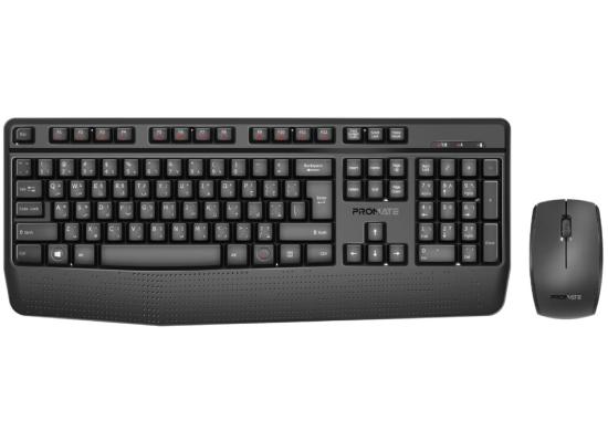 Promate ProCombo-14 Ergonomic Wireless Multimedia Keyboard with Palm Rest & Ambidextrous Mouse, 1200 DPI Sensor Resolution, Media Control, Palm Rest, English - Arabic Layout, Black