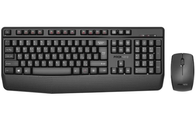 Promate ProCombo-14 Ergonomic Wireless Multimedia Keyboard with Palm Rest & Ambidextrous Mouse, 1200 DPI Sensor Resolution, Media Control, Palm Rest, English - Arabic Layout, Black
