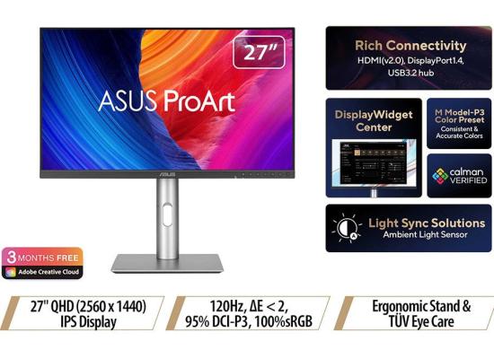 ASUS ProArt PA278QV Gen2 Professional 27” IPS 2K QHD HDR10 120HZ 95% DCI-P3, 100% sRGB Color Accuracy ΔE < 2, Calman Verified Eye Care Anti-glare & Tilt Pivot Swivel Height Adjustable Stand product thumbnail 2