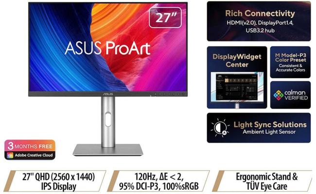 ASUS ProArt PA278QV Gen2 Professional 27” IPS 2K QHD HDR10 120HZ 95% DCI-P3, 100% sRGB Color Accuracy ΔE < 2, Calman Verified Eye Care Anti-glare & Tilt Pivot Swivel Height Adjustable Stand