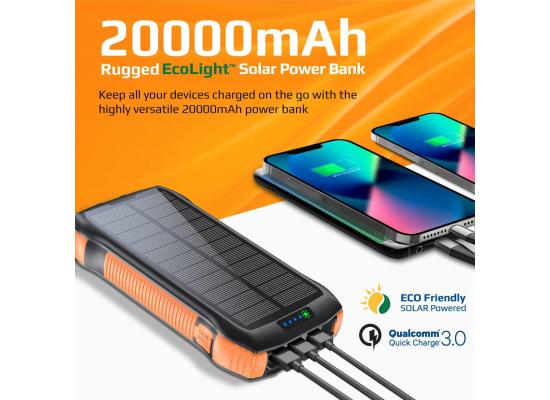 Promate SolarTank-20PDQi 20000mAh Power Bank, Solar Powered Portable Charger w/ Wireless Charging, USB-C Power Delivery Port, QC 3.0 Port, 5V/3A USB Ports, IP66 & LED Light