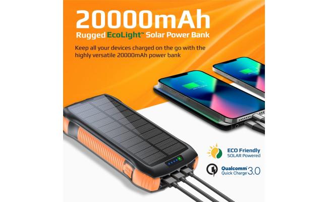 Promate SolarTank-20PDQi 20000mAh Power Bank, Solar Powered Portable Charger w/ Wireless Charging, USB-C Power Delivery Port, QC 3.0 Port, 5V/3A USB Ports, IP66 & LED Light