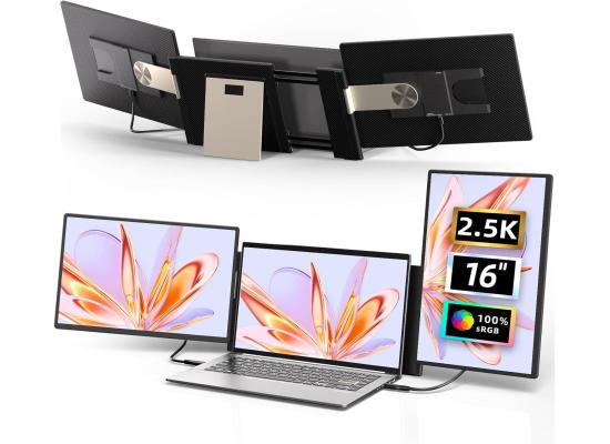 V2COM S7 Pro 16" 2.5K QHD IPS Triple Screen Extender,100% sRGB, USB-C & Mini HDMI, Dual Speakers, Ultra-Slim Detachable Design, Narrow Bezels, Black