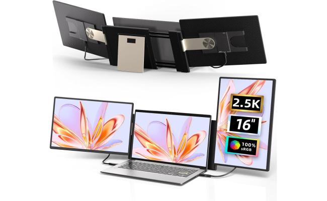 V2COM S7 Pro 16" 2.5K QHD IPS Triple Screen Extender,100% sRGB, USB-C & Mini HDMI, Dual Speakers, Ultra-Slim Detachable Design, Narrow Bezels, Black