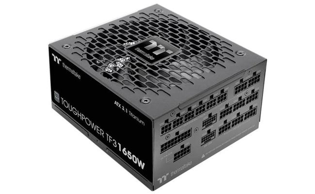 Thermaltake Toughpower TF3 1650W; ATX 3.1; x2 Native PCIe 5.1 12V-2x6; Full Modular; Etched Flat Cables; Multi/Single Rail OCM Toggle; 100% Japanese Capacitors; 80 Plus Titanium Certified; Black