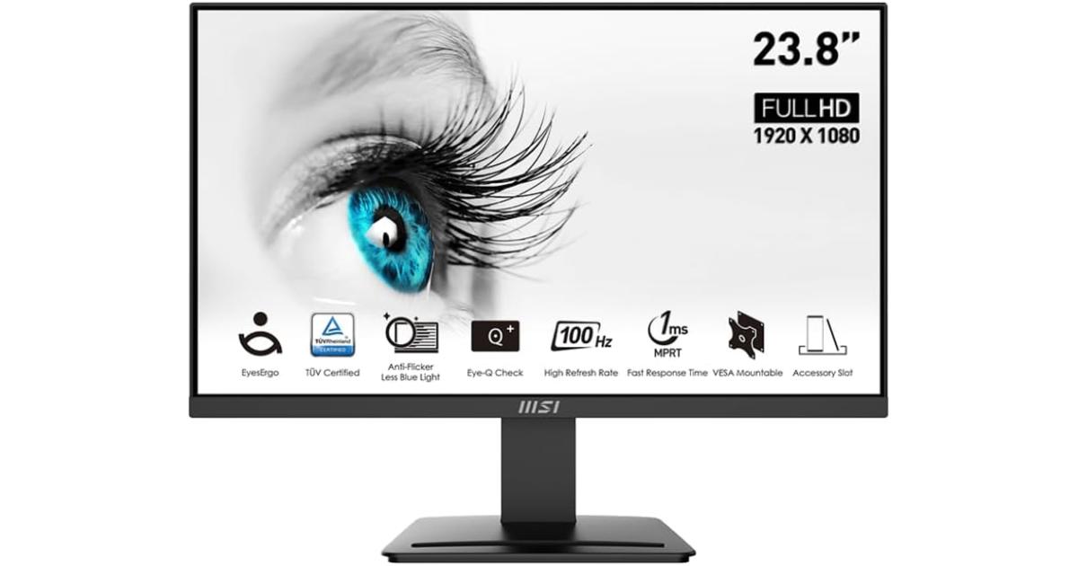 MSI PRO MP2412 24 بوصة Full HD 100 هرتز أقل ضوء أزرق PRO VESA تصميم فتحة ملحقات قابلة للتركيب وإمالة HDMI وDP - أسود