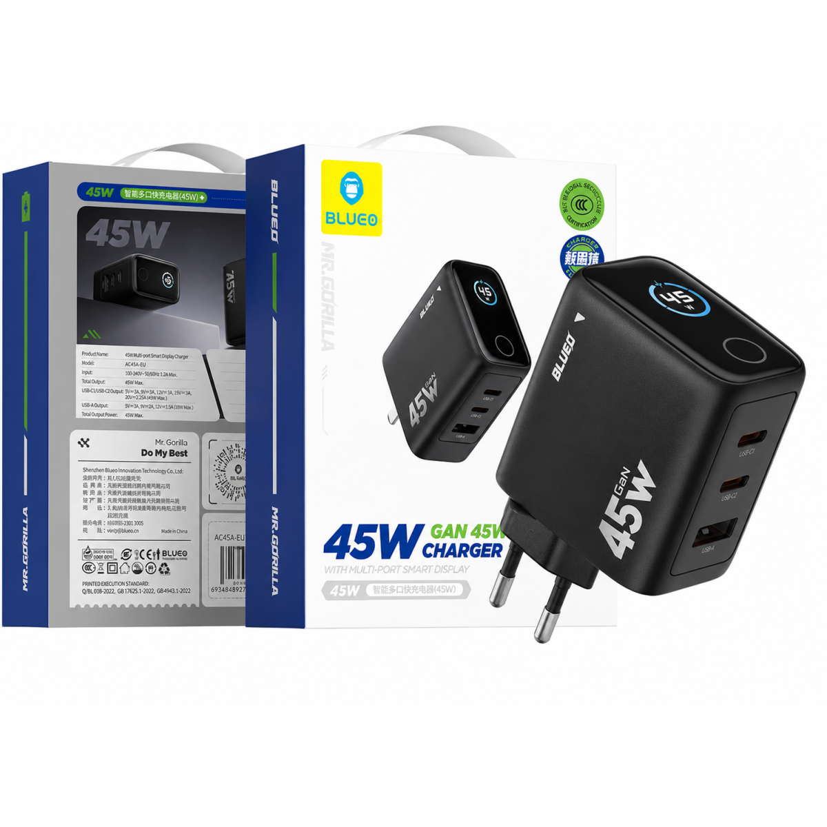 BLUEO Mr. Gorilla LC013 45W GaN Smart Display Fast Charger EU - Black