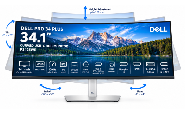 Dell Pro 34 Plus P3425WE 34” 2K IPS Ultrawide Curved 3800R 100Hz Extensive Connectivity ( Display Port , HDMI , USB C , RJ45 Ethernet )