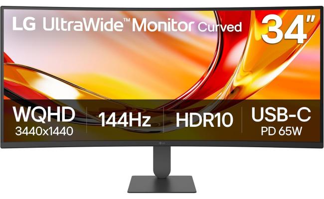 LG 34U640B 34" Curved 1800R 144Hz UltraWide™ QHD HDR 10 KVM Switch USB C up to 65w DP & HDMI - Black