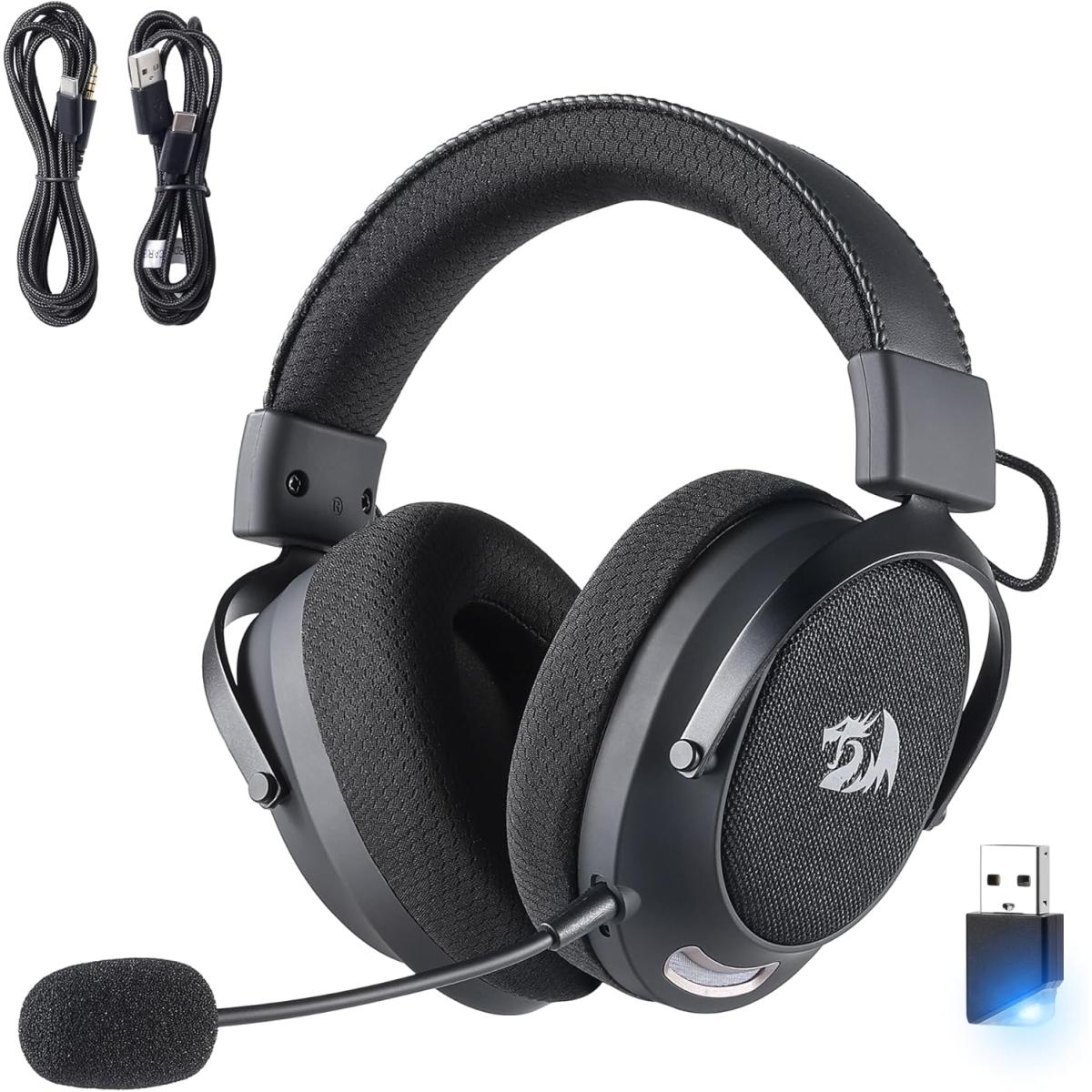 Redragon H858 3-Mode Wireless Gaming Headset, 7.1 Surround Sound, 53 mm Drivers, Memory Foam Ear Pads, Detachable Noise-canceling Microphone, Over-Ear Headphones Works for Mobile, PC/PS5/NS
