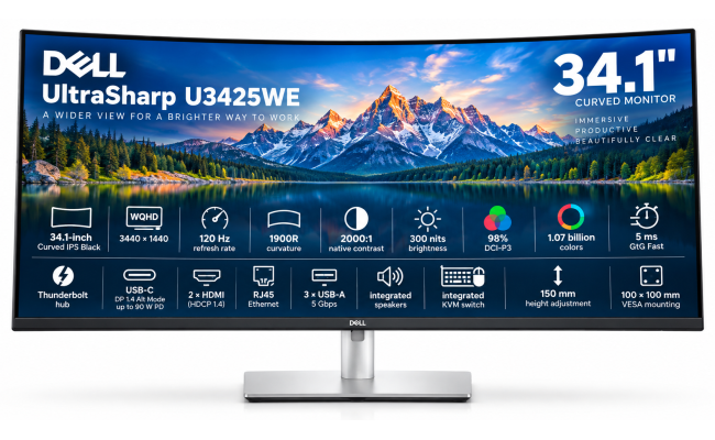 Dell UltraSharp 34 U3425WE Thunderbolt 4 Hub Monitor, 34" IPS Curved 1900R , 2K ,120Hz , Adjustable Stand, 100% Adobe RGB