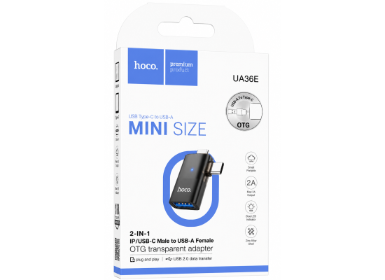 HOCO UA36E 2-in-1 Type-C/iP to USB-A OTG Adapter 480Mbps - Black