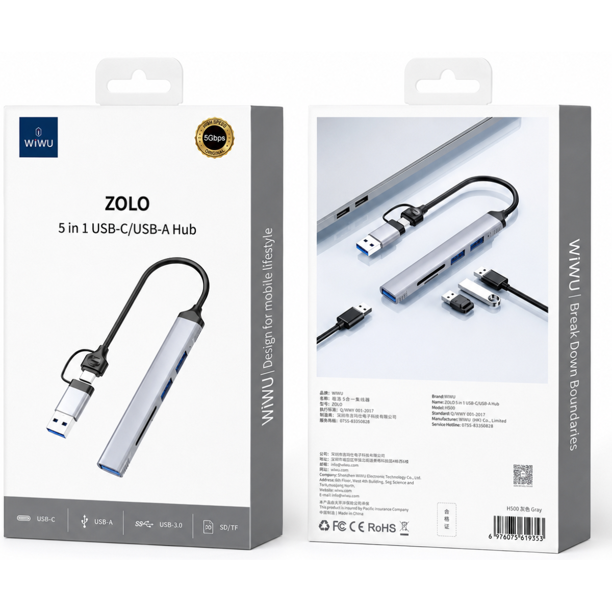 WiWU Zolo Wi-HB003 5-in-1 USB-C/USB-A Hub Adapter - Gray
