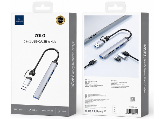 WiWU Zolo Wi-HB003 5-in-1 USB-C/USB-A Hub Adapter - Gray
