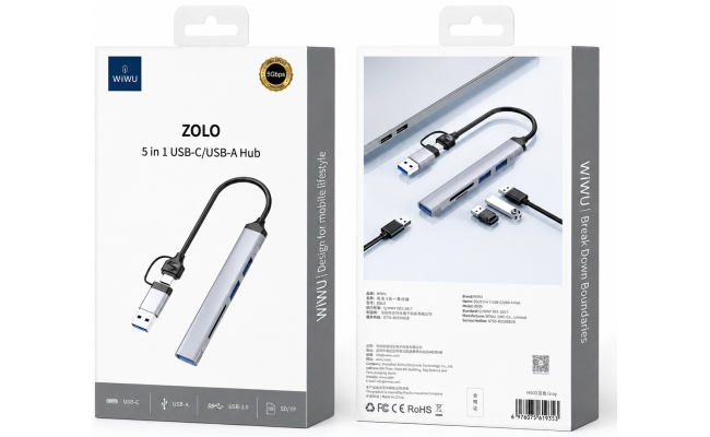 WiWU Zolo Wi-HB003 5-in-1 USB-C/USB-A Hub Adapter - Gray