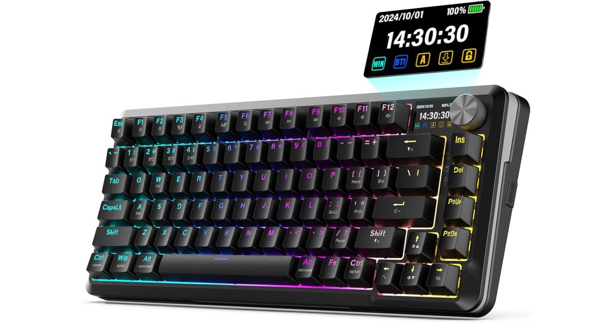 كيبورد ميكانيكي Redragon K708 Wireless with Screen, Volume Knob & Pre-Lubed Switches - Tri-Mode (Bluetooth/2.4G/USB-C) RGB Gasket Gaming Keyboard, Hot Swappable, 4000mAh Battery for PC, Mac, etc.