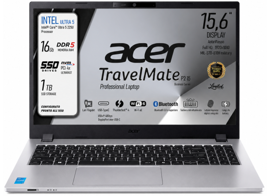 Acer TravelMate P2 15 (2025) Intel® Ultra 5 Gen II 225U 12-Cores Secure, Durable & High-Performance AI Business Laptop w/ TravelMateSense & Fast Charging - Silver product thumbnail 2