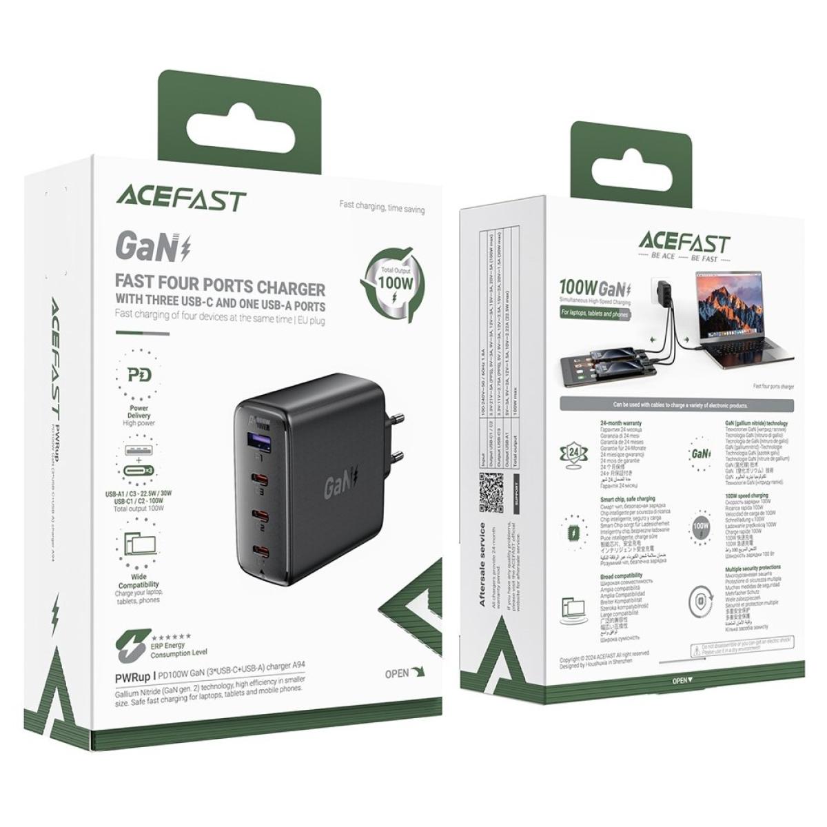 ACEFAST A94 PD 100W GaN Phone Charger 3 Type-C + USB-A Four Ports Power Adapter, EU Plug - Black