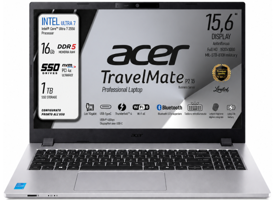 Acer TravelMate P2 15 (2025) Intel® Ultra 7 Gen II 255U 12-Cores Secure, Durable & High-Performance AI Business Laptop w/ TravelMateSense & Fast Charging - Silver product thumbnail 2