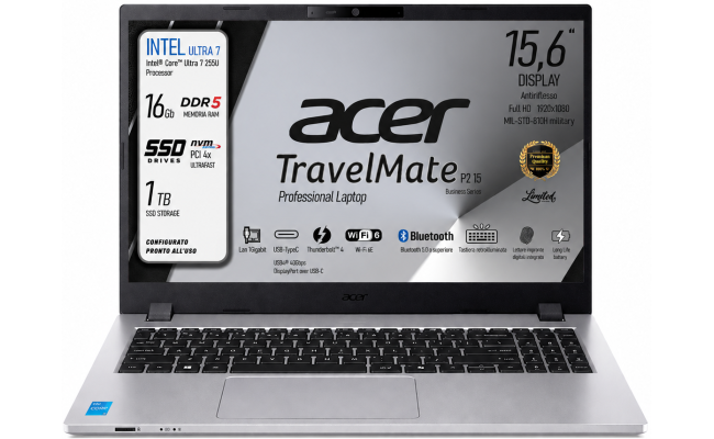 Acer TravelMate P2 15 (2025) Intel® Ultra 7 Gen II 255U 12-Cores Secure, Durable & High-Performance AI Business Laptop w/ TravelMateSense & Fast Charging - Silver