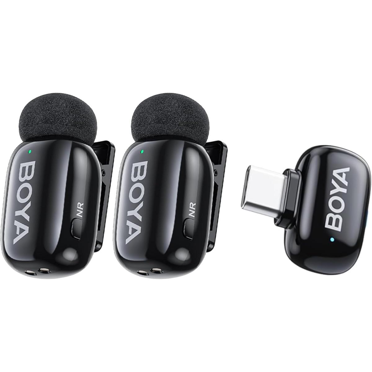 BOYA mini 2-04 Wireless Lavalier Microphone for iPhone 15-17/Android, Noise Cancellation Control, 48kHz/24-Bit, 6H Battery Mini Mic for Video Recording Interview Vlog (2TX + USB-C RX) - Black