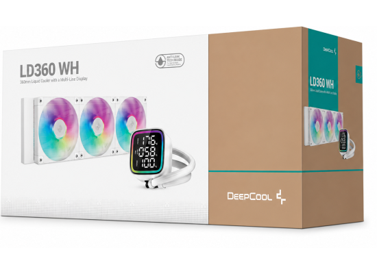 DeepCool LD360 Liquid Cooler 360mm 5th Gen Pump 3400 RPM AIO Real-time CPU Status Screen Anti-Leak ARGB Fans & Dual Gradient Halo Effect Mirror - White