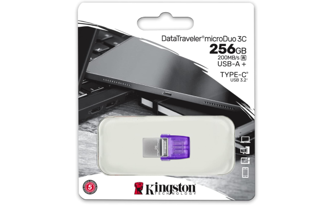 Kingston DataTraveler microDuo 3C 256GB USB-C & USB-A Flash Drive | Speeds up to 200 MB/s | USB 3.2 Gen 1 | Duo Connector | DTDUO3CG3/256GB